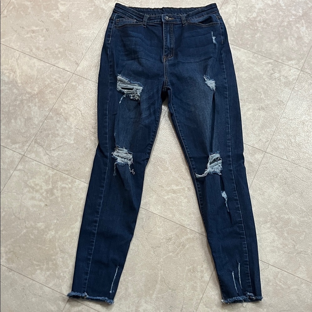SHEIN Dark Blue Distressed Skinny Jeans L